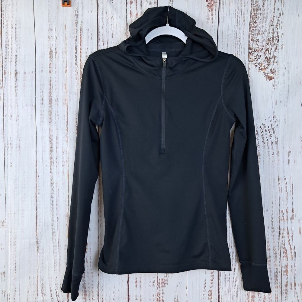 Fabletics XS‎ Hoodie Black Half Zip Running Top Long Sleeve Back Pocket Mesh